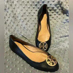 Tory Burch Benton Black Leather Ballet Flats w/ Gold Hard-wear, Sz 7.5